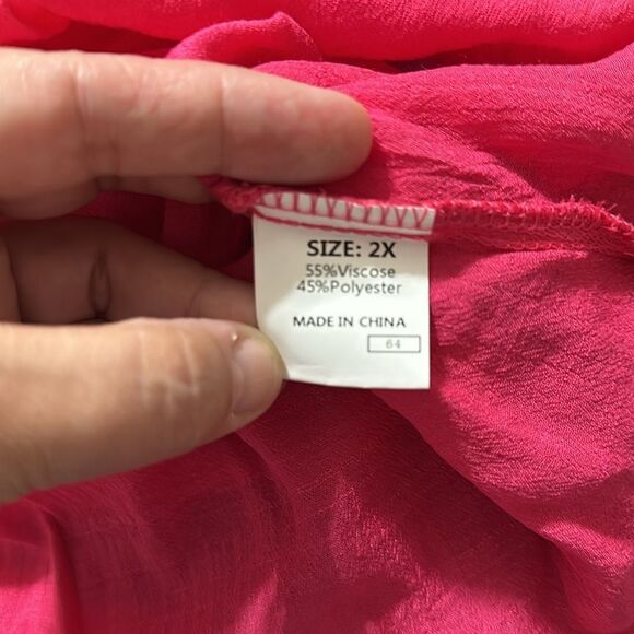 Fuchsia Pink 2X Short Flutter Sleeve Button Front Lace Crochet Detail Blouse - Picture 8 of 9